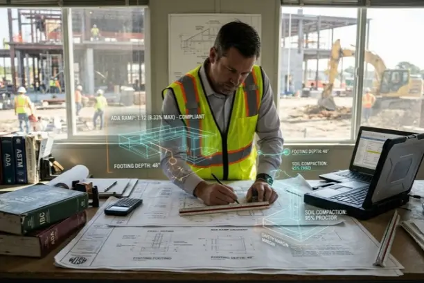 A construction site manager in a safety vest reviewing architectural blueprints at a desk inside a site office, featuring floating digital code compliance graphics and an active construction site in the background.