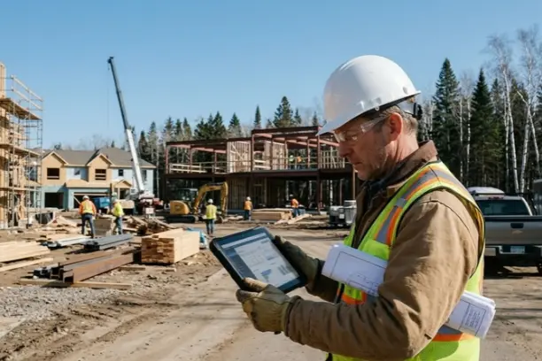 A construction estimator in a high-visibility vest using a digital tablet at a Minnesota construction site with buildings and pine trees in the background.