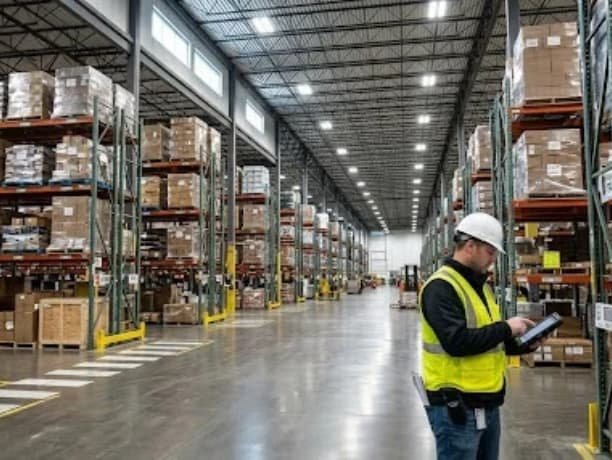 A vast industrial warehouse interior in Minneapolis with high shelving units and a worker using a tablet for inventory.