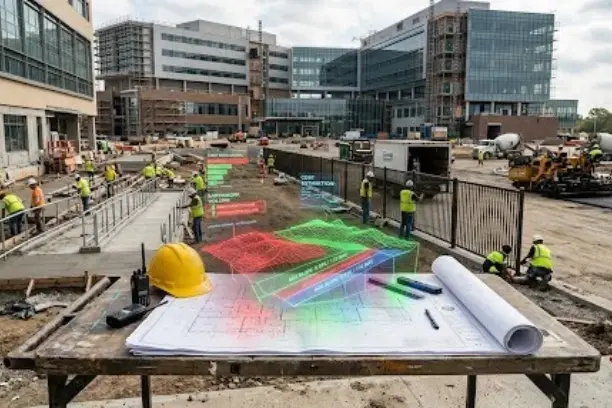 A modern institutional school and hospital campus under construction with ADA accessible walkways and fencing, featuring civil engineering blueprints overlaid with digital slope and cost metrics.