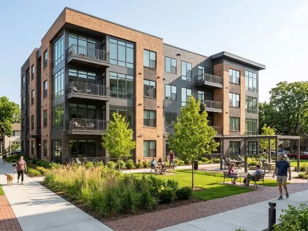 A sleek, modern multifamily apartment building in Minneapolis with residents relaxing in a landscaped courtyard.