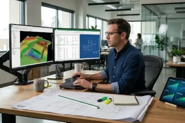 A professional construction estimator working at a dual-monitor office workstation reviewing digital 3D site takeoff models, blueprints, and profit margin analysis charts.