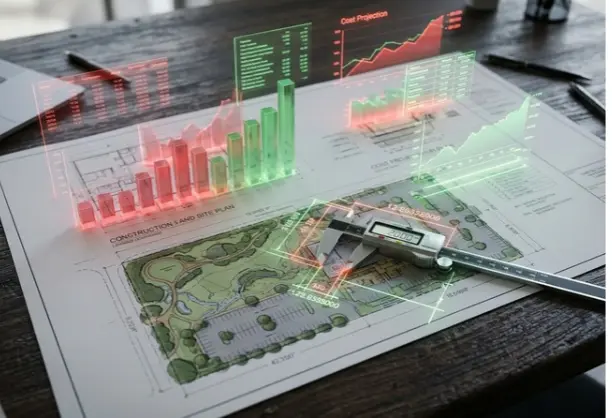 A high-angle view of detailed construction blueprints laid on a wooden desk, overlaid with glowing digital calculation charts, volumetric graphs, and a precision caliper measuring site dimensions.