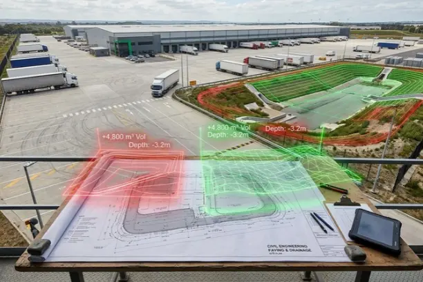 An industrial logistics warehouse site under construction showing heavy-duty truck courts and loading docks, overlaid with engineering blueprints and glowing digital volume calculations.