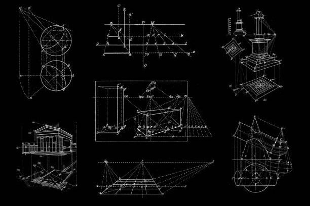 Antique illustration, mathematics and geometry: Projections and intersections, perspective